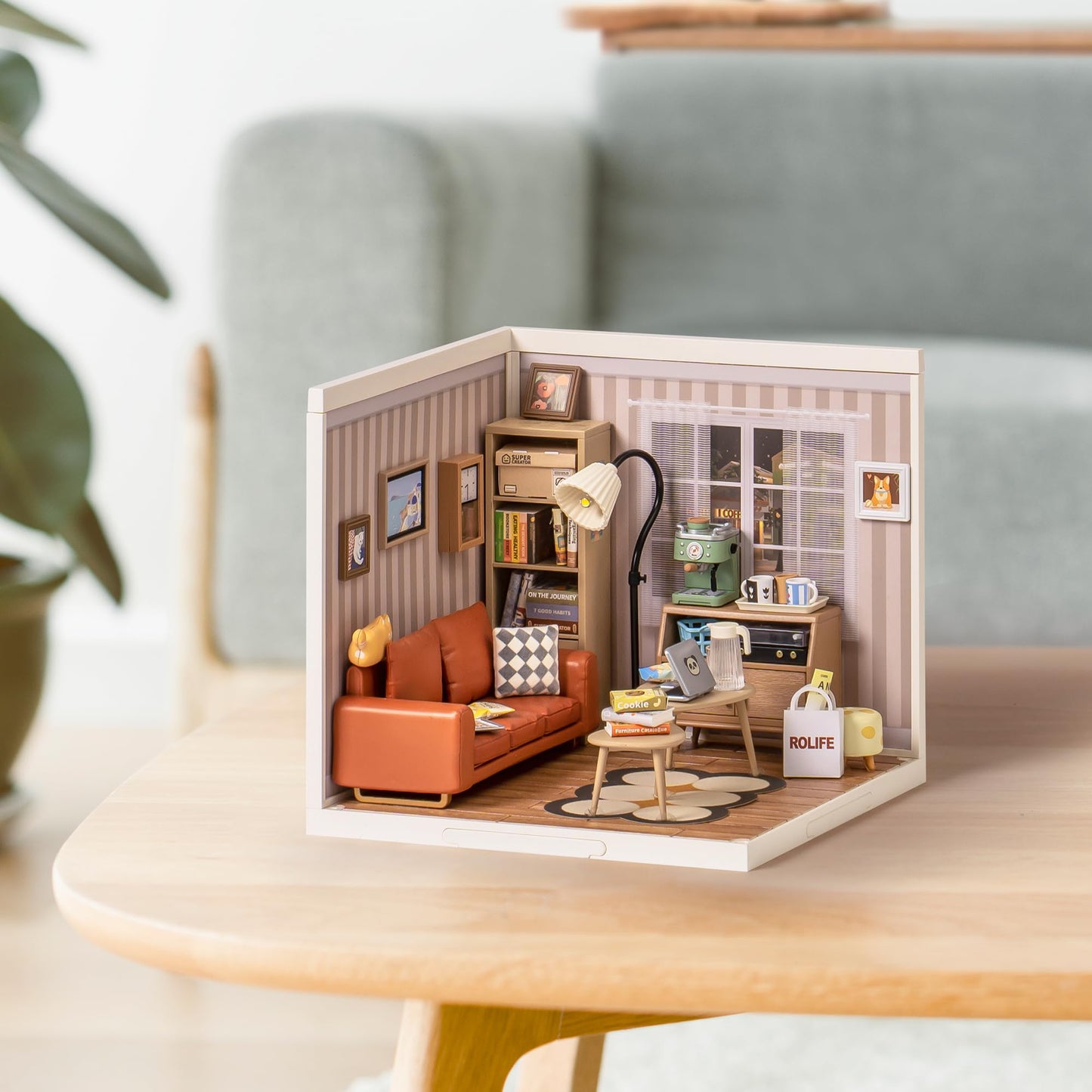 ROBOTIME DIY Miniature House Kit – Cozy Living Lounge with Accessories & LED Light