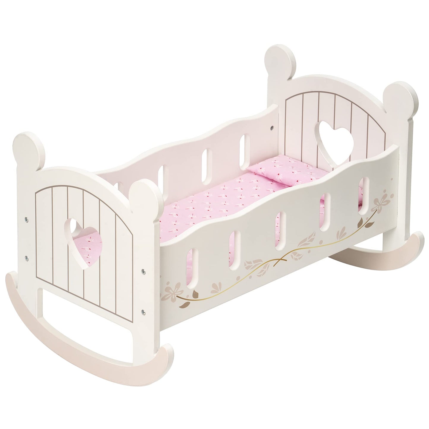 ROBOTIME Wooden Play Doll Cradle Rocking Crib – White, Fits Dolls Up to 20 Inches