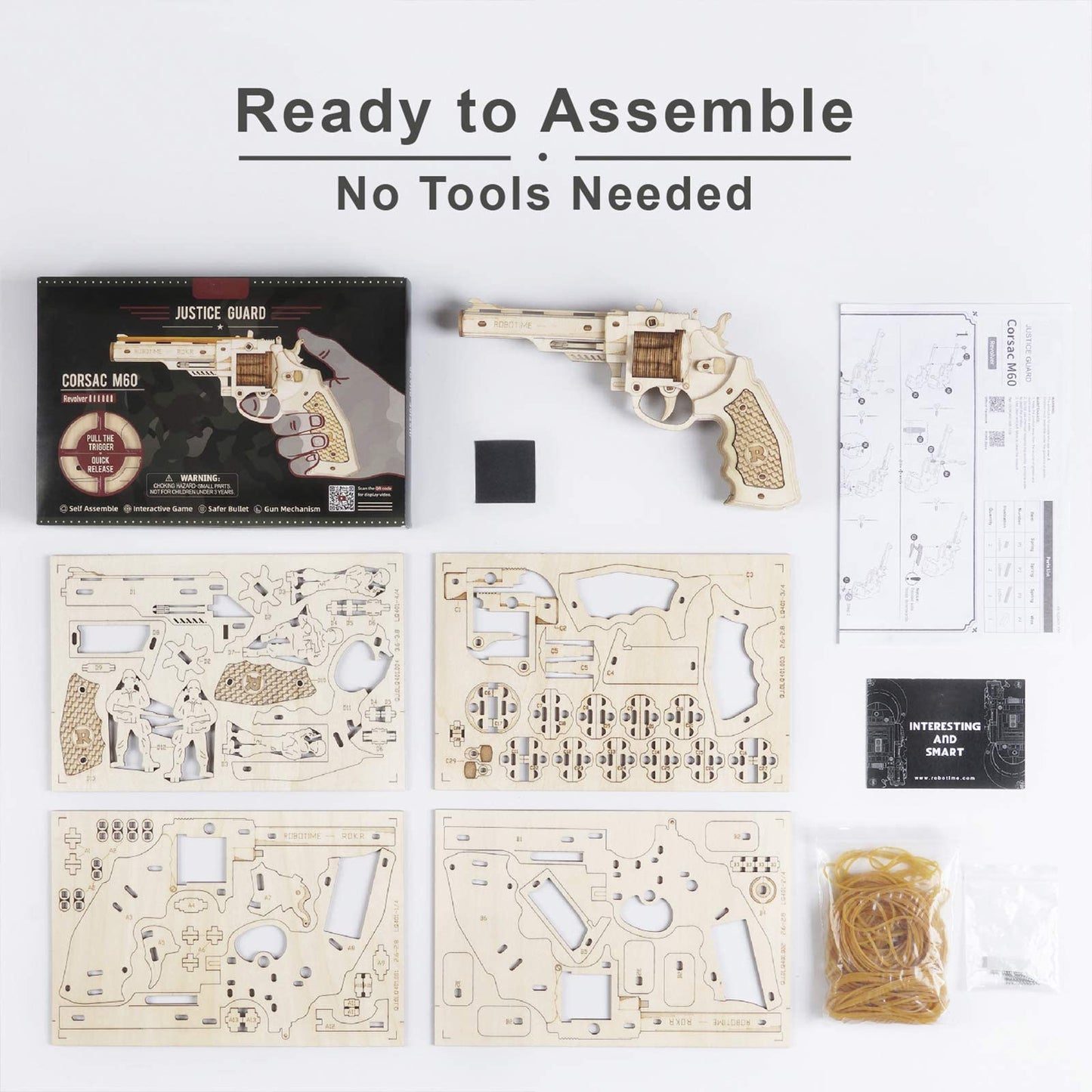 ROBOTIME Corsac M60 3D Wooden Puzzle Rubber Band Gun Kit | Beginner DIY Craft for Kids & Adults