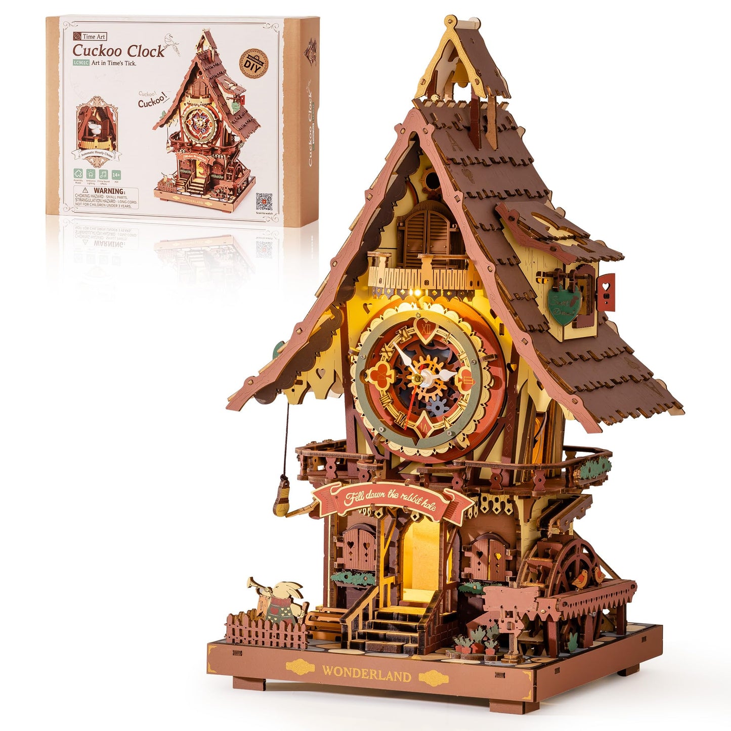 ROBOTIME 3D Wooden Cuckoo Clock Puzzle for Adults – 435-Piece DIY Model Kit with 2 Lights