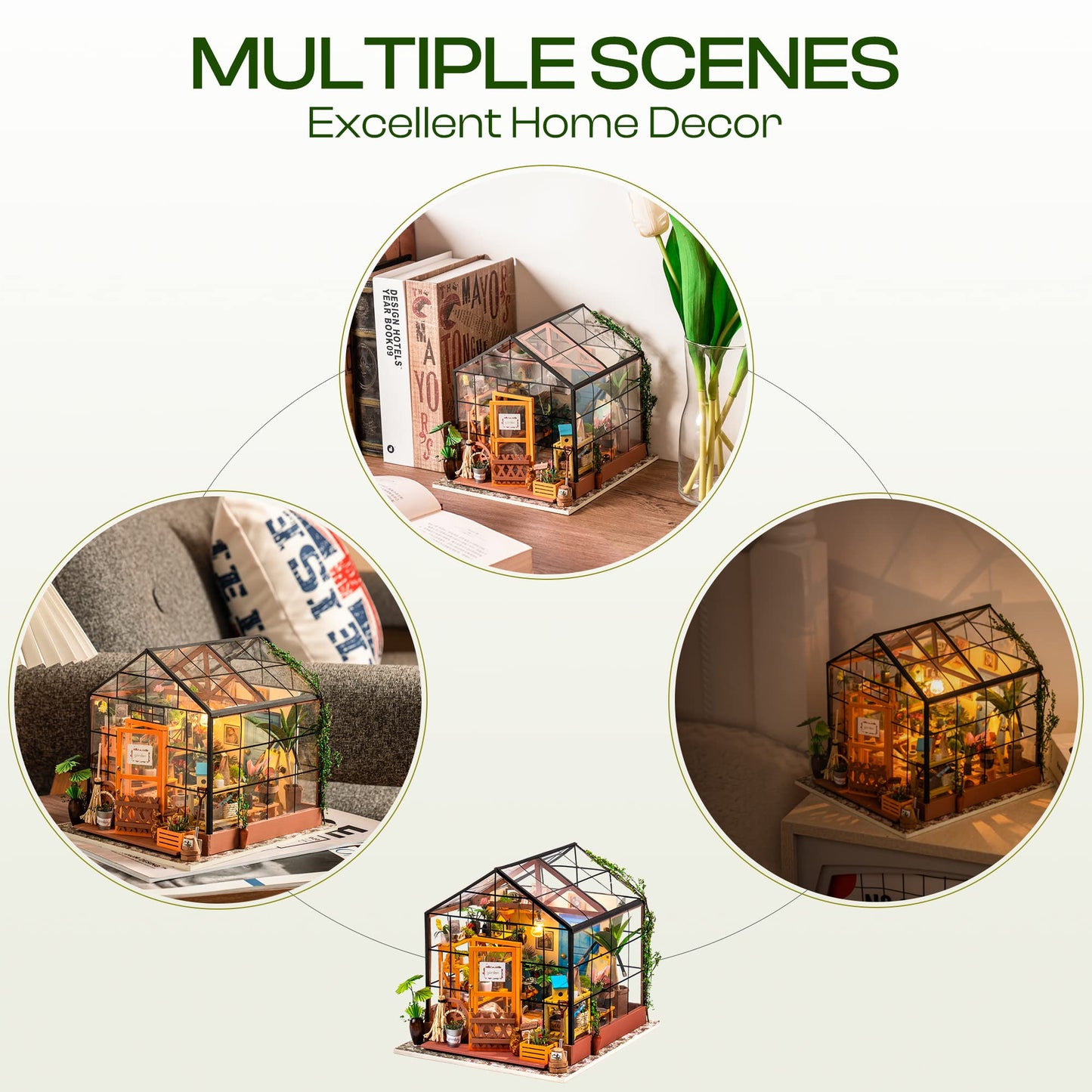 ROBOTIME DIY Miniature Greenhouse Kit with LED – 1:24 Dollhouse (Cathy's Greenhouse)