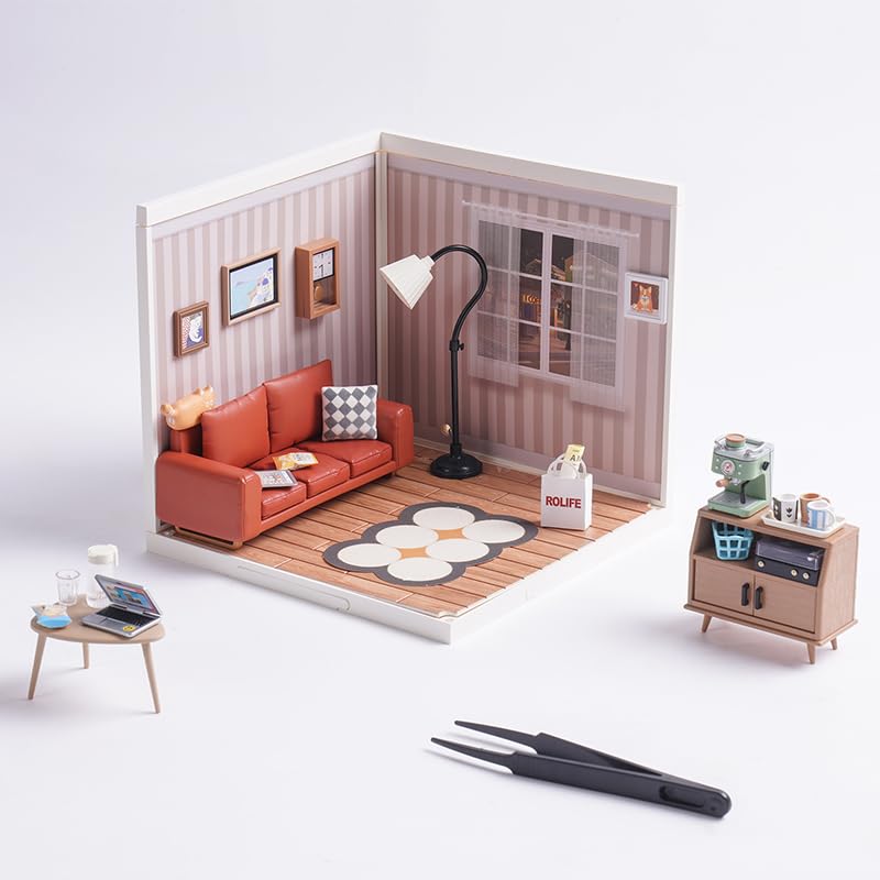 ROBOTIME DIY Miniature House Kit – Cozy Living Lounge with Accessories & LED Light