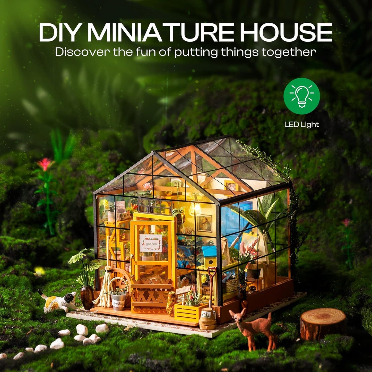 ROBOTIME DIY Miniature Greenhouse Kit with LED – 1:24 Dollhouse (Cathy's Greenhouse)