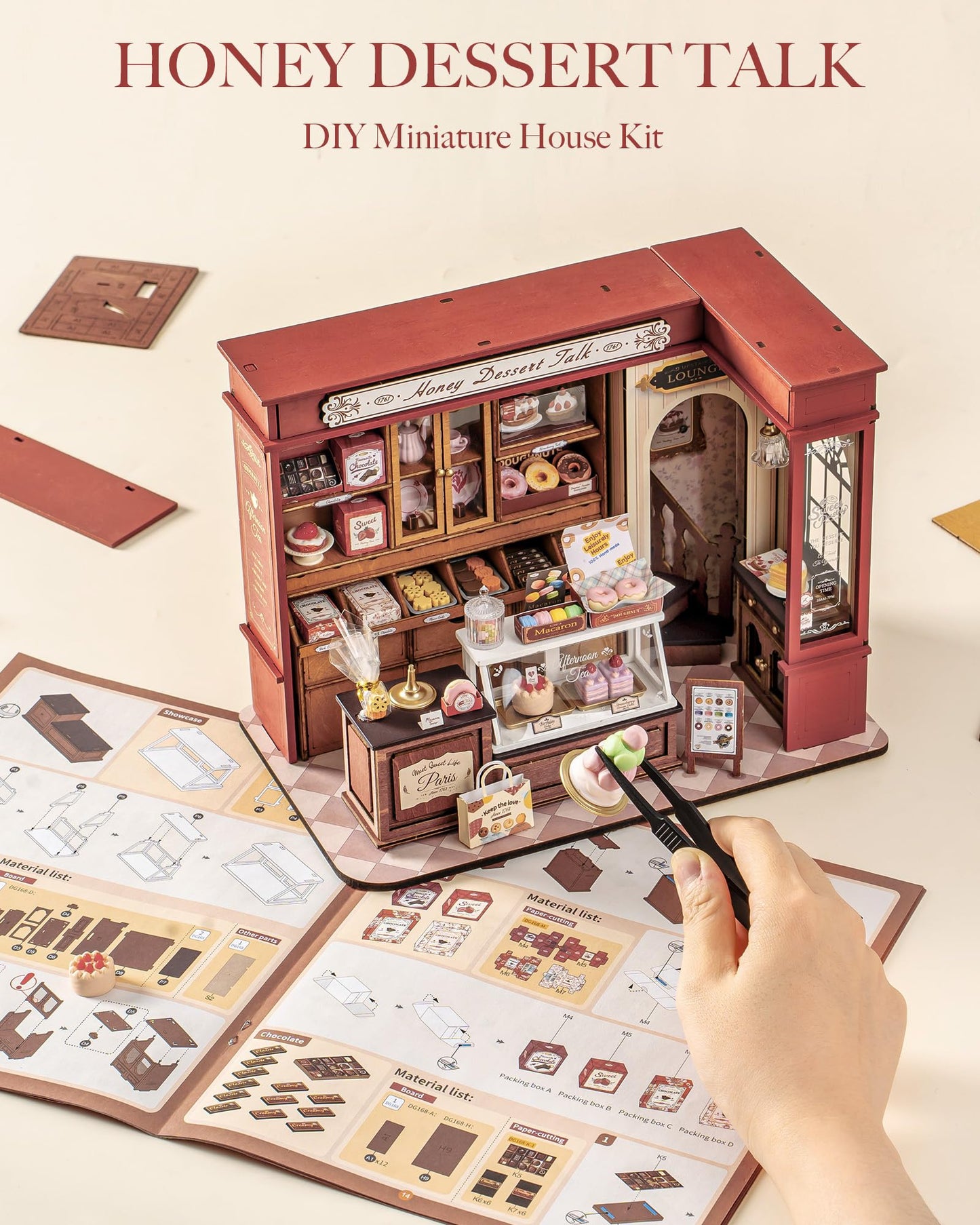 ROBOTIME Honey Dessert Talk DIY Miniature House Kit with LED Light – Wooden Dollhouse Kit for Adults