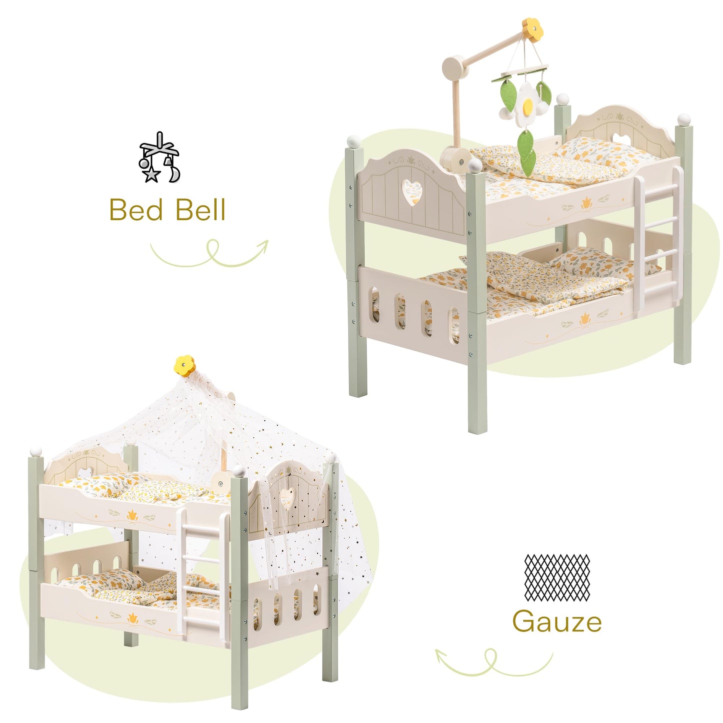 ROBOTIME Baby Doll Bunk Bed – 18-Inch Doll Furniture Set for American Girl Dolls, Green, 2-Piece Wooden Beds