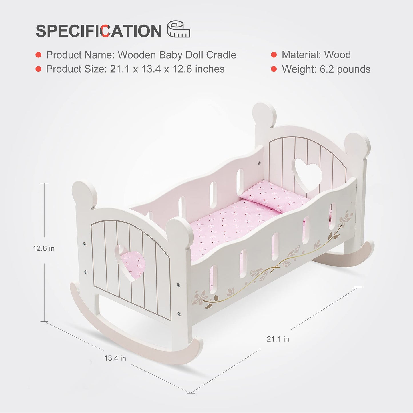 ROBOTIME Wooden Play Doll Cradle Rocking Crib – White, Fits Dolls Up to 20 Inches