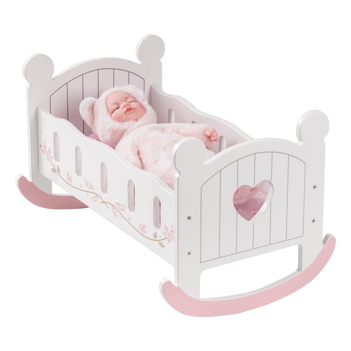 ROBOTIME Wooden Play Doll Cradle Rocking Crib – White, Fits Dolls Up to 20 Inches