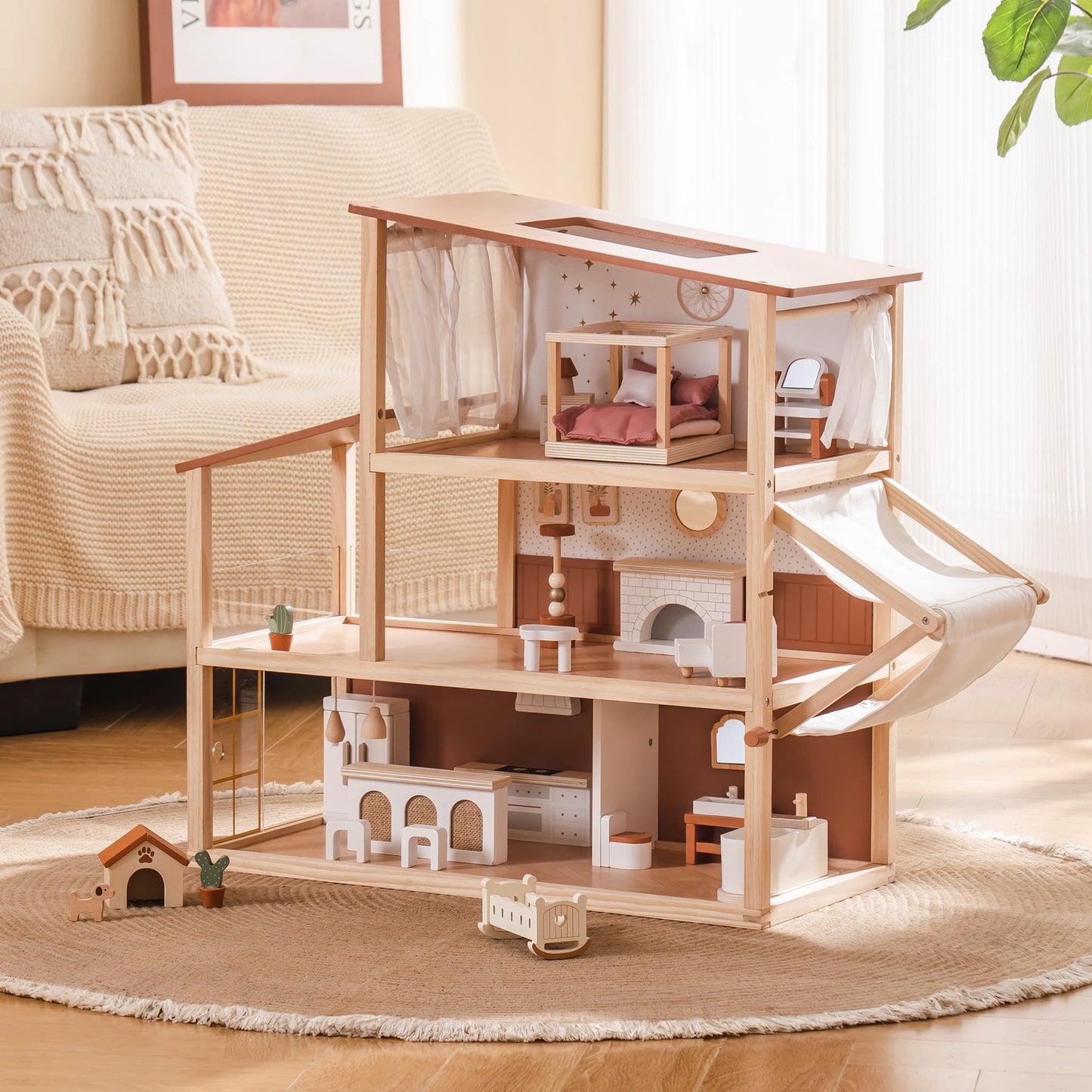 ROBOTIME 3-Story Bohemian Dollhouse with 37-Piece Furniture & Awning | Gift for Kids 3+