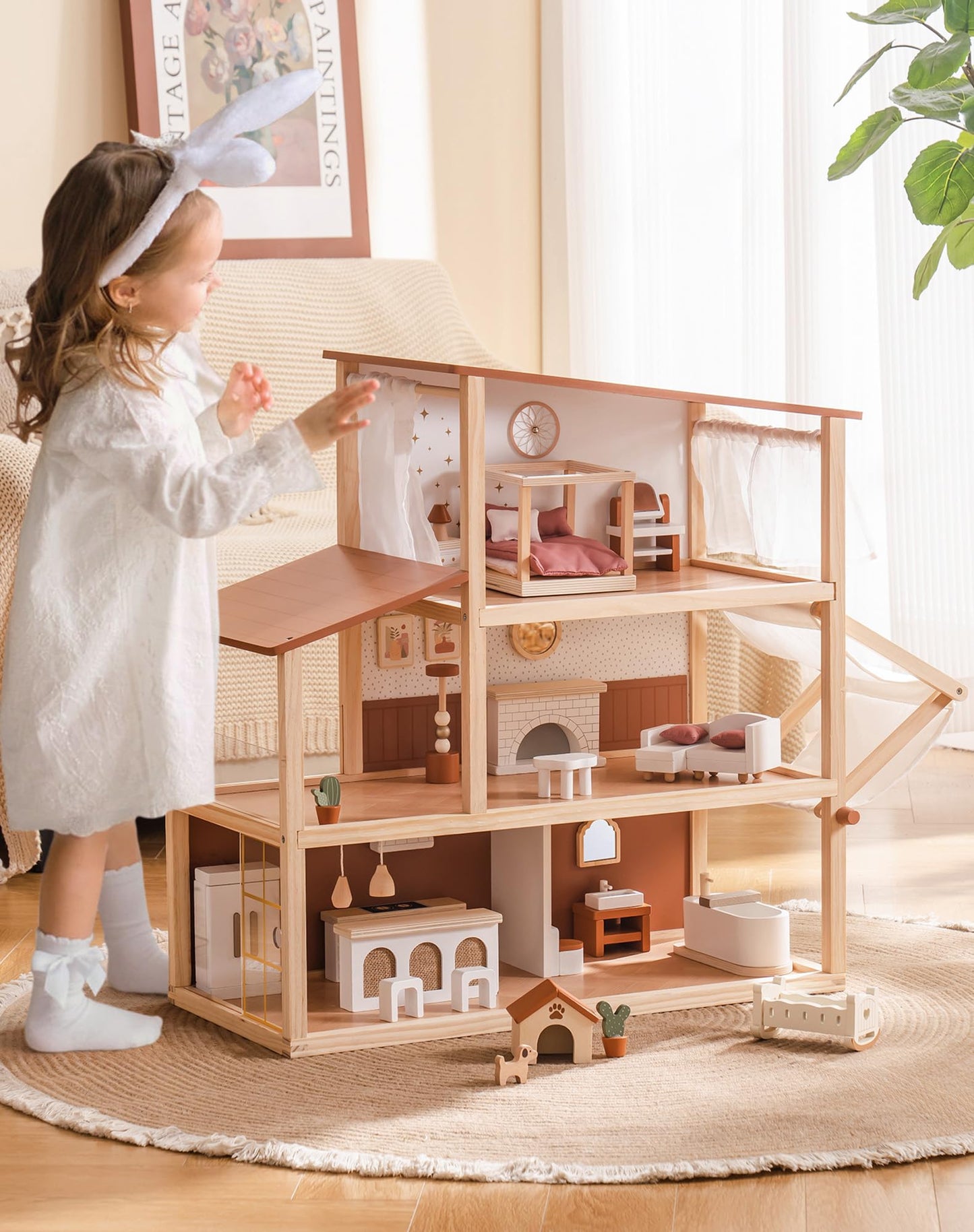 ROBOTIME 3-Story Bohemian Dollhouse with 37-Piece Furniture & Awning | Gift for Kids 3+