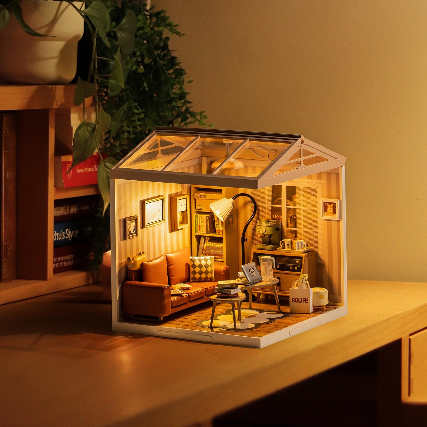 ROBOTIME DIY Miniature House Kit – Cozy Living Lounge with Accessories & LED Light