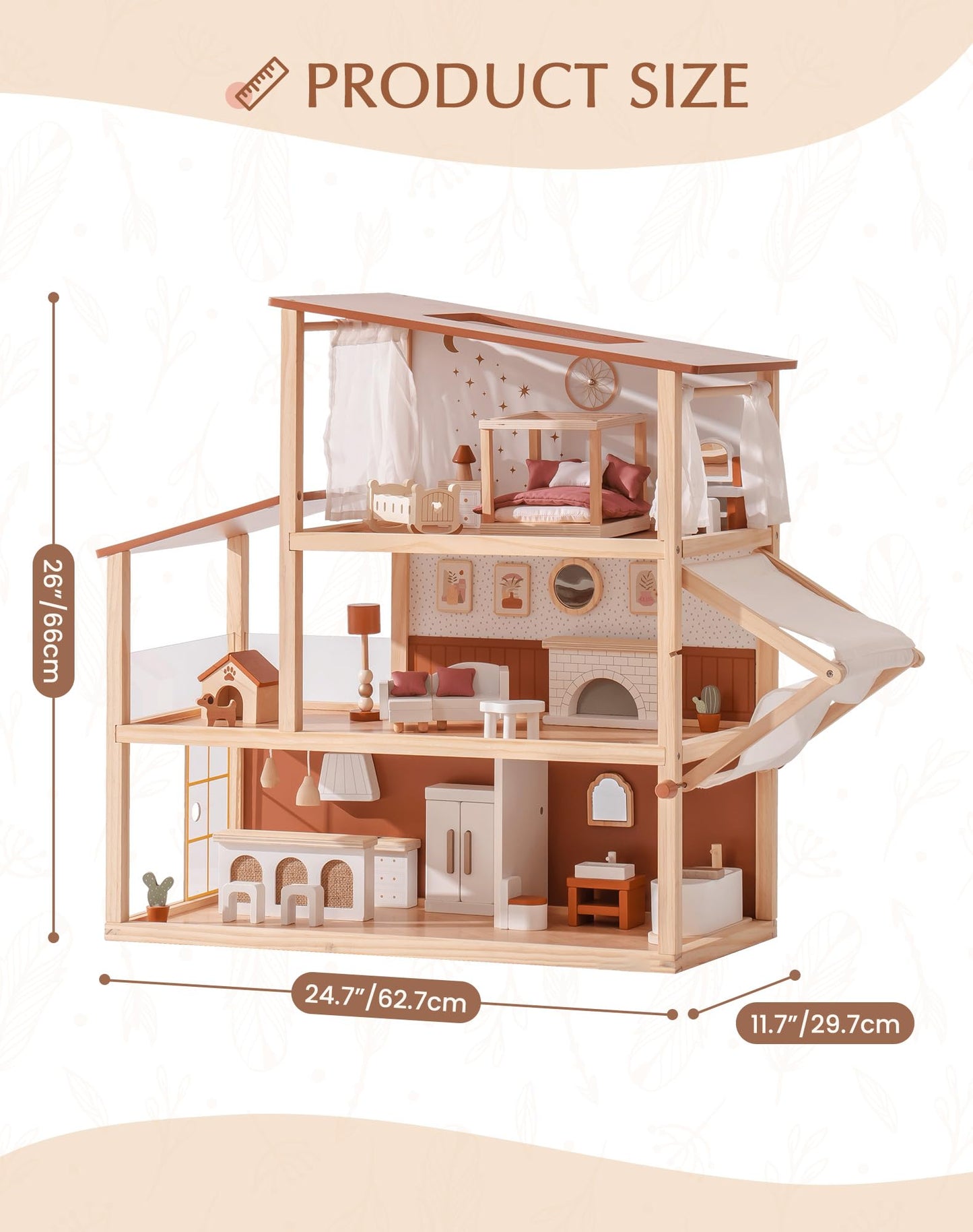 ROBOTIME 3-Story Bohemian Dollhouse with 37-Piece Furniture & Awning | Gift for Kids 3+