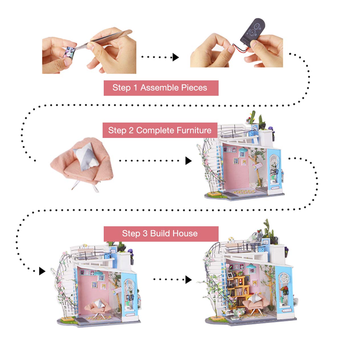 ROBOTIME DIY Miniature Dollhouse Kit - 1:24 Scale with LED Light