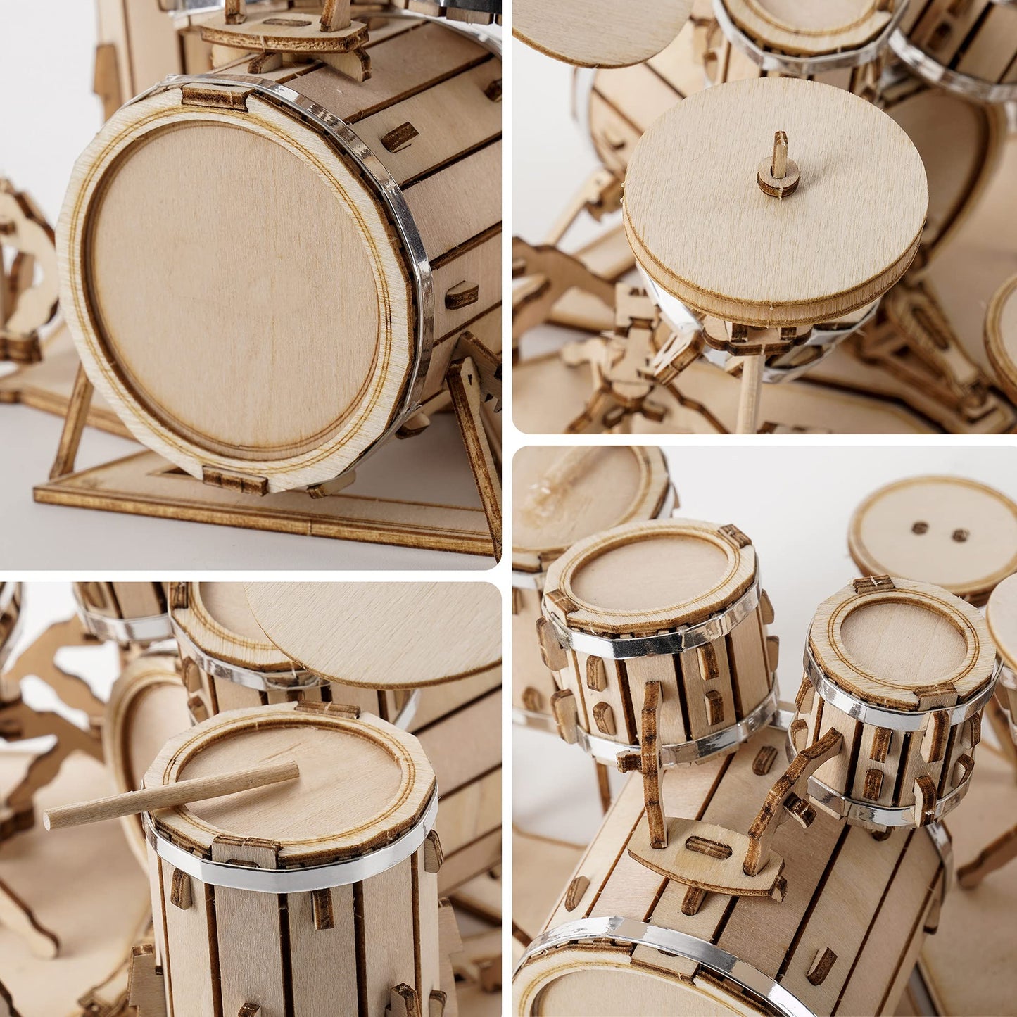 ROBOTIME Wooden Drum Kit – 3D Puzzle DIY Model for Kids & Teens (No Glue Required)