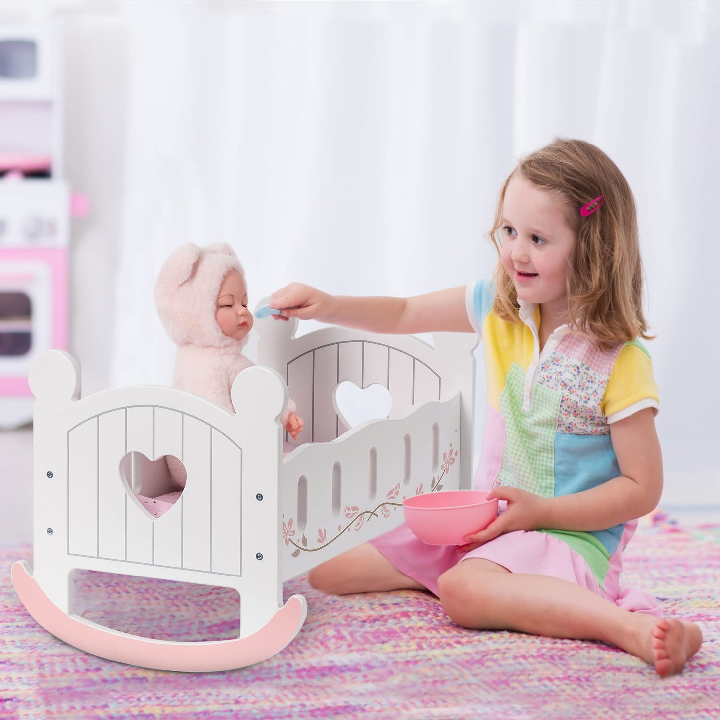 ROBOTIME Wooden Play Doll Cradle Rocking Crib – White, Fits Dolls Up to 20 Inches