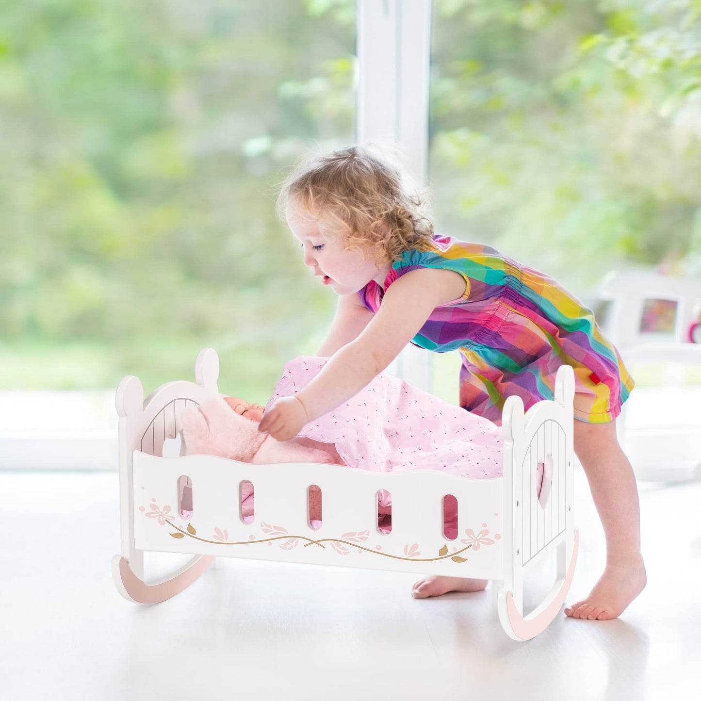 ROBOTIME Wooden Play Doll Cradle Rocking Crib – White, Fits Dolls Up to 20 Inches