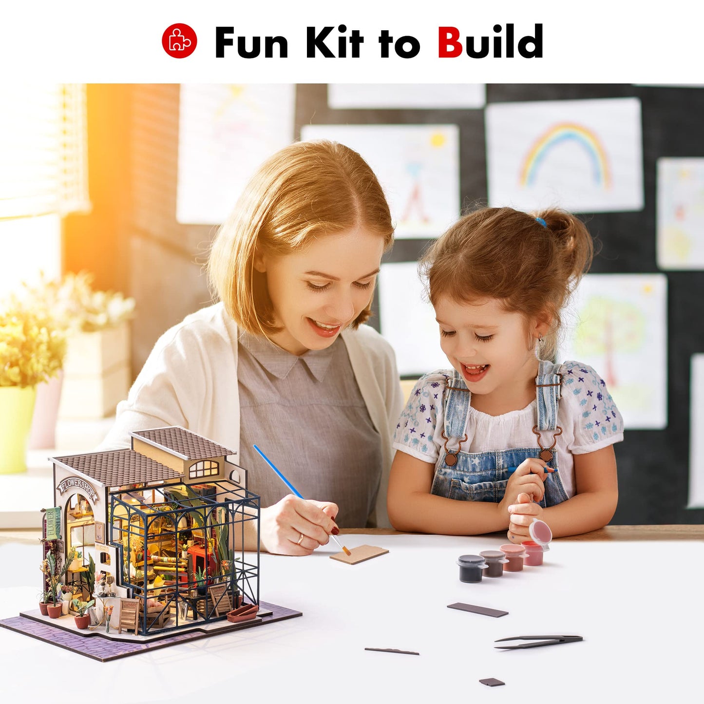 Robotime Emily's Flower Shop Dollhouse Kit (1:24) – DIY Mini House with Furniture & LED