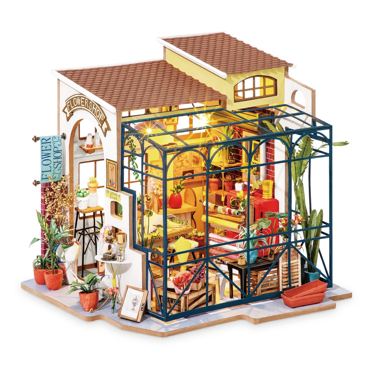 Robotime Emily's Flower Shop Dollhouse Kit (1:24) – DIY Mini House with Furniture & LED