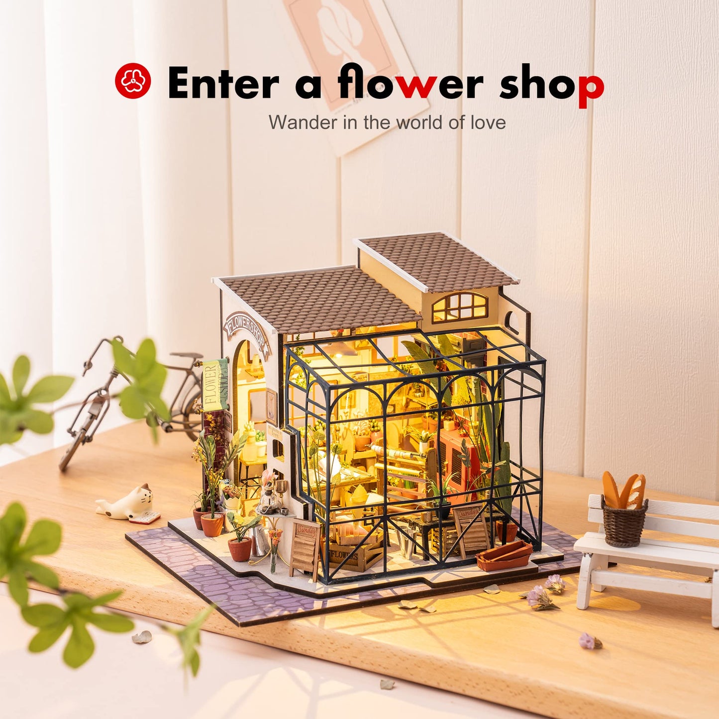 Robotime Emily's Flower Shop Dollhouse Kit (1:24) – DIY Mini House with Furniture & LED