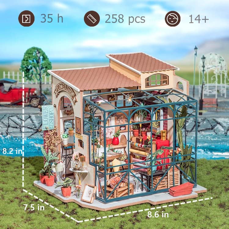 Robotime Emily's Flower Shop Dollhouse Kit (1:24) – DIY Mini House with Furniture & LED