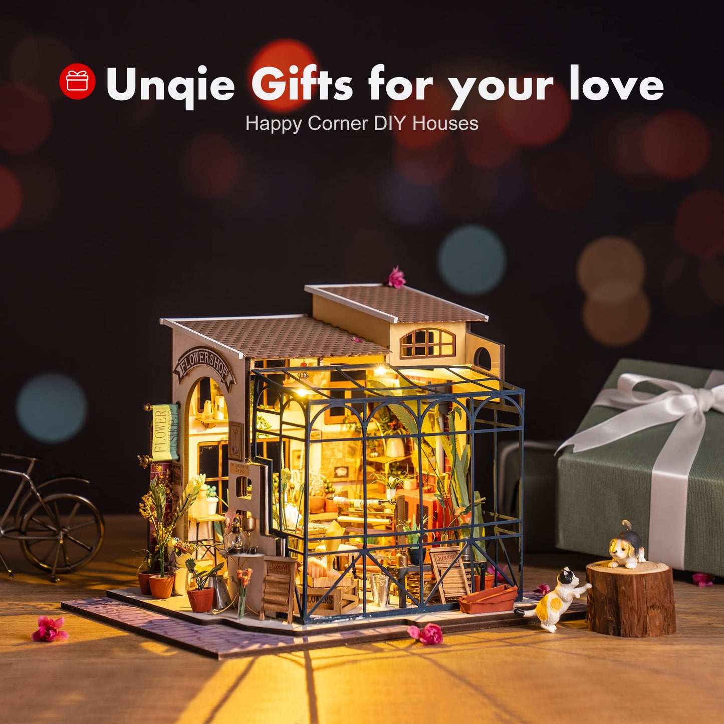 Robotime Emily's Flower Shop Dollhouse Kit (1:24) – DIY Mini House with Furniture & LED