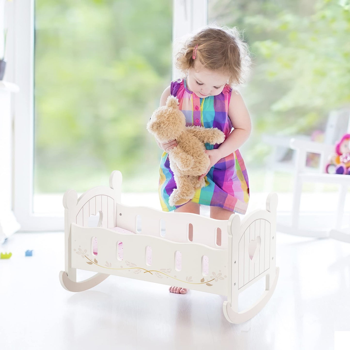 ROBOTIME Wooden Play Doll Cradle Rocking Crib – White, Fits Dolls Up to 20 Inches