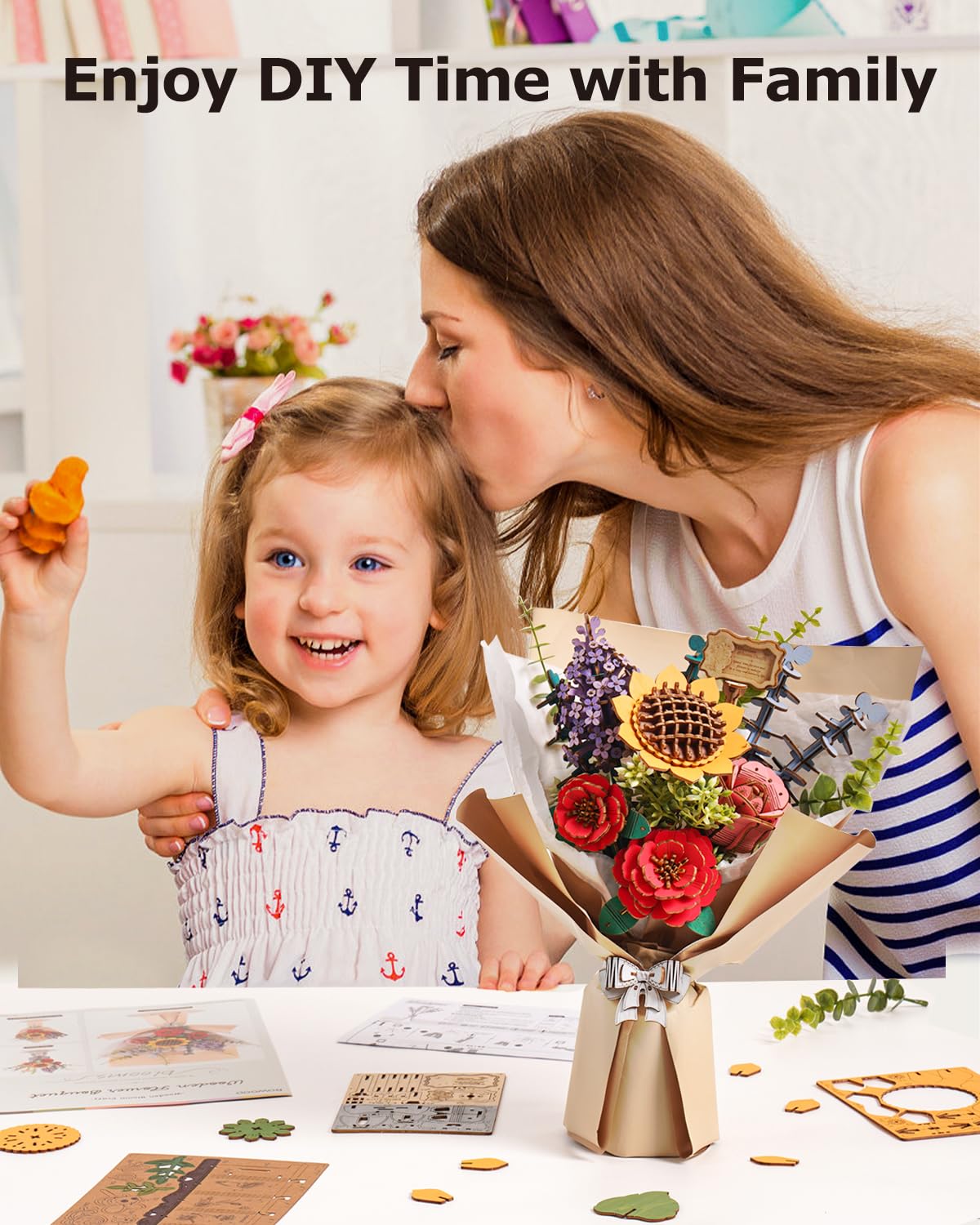 ROBOTIME Forever Flowers Bouquet – Wooden Flower Bouquet Building Kit TW01H (Sunflower, Camellia, Rose, Lilac)