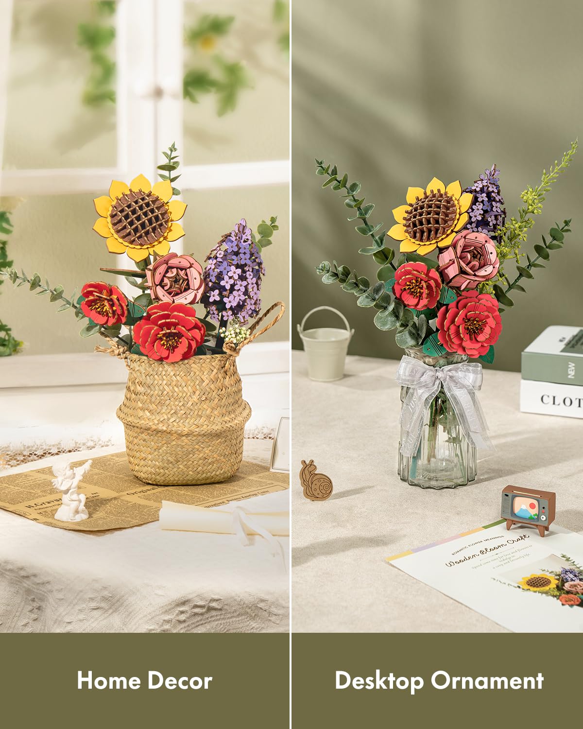 ROBOTIME Forever Flowers Bouquet – Wooden Flower Bouquet Building Kit TW01H (Sunflower, Camellia, Rose, Lilac)