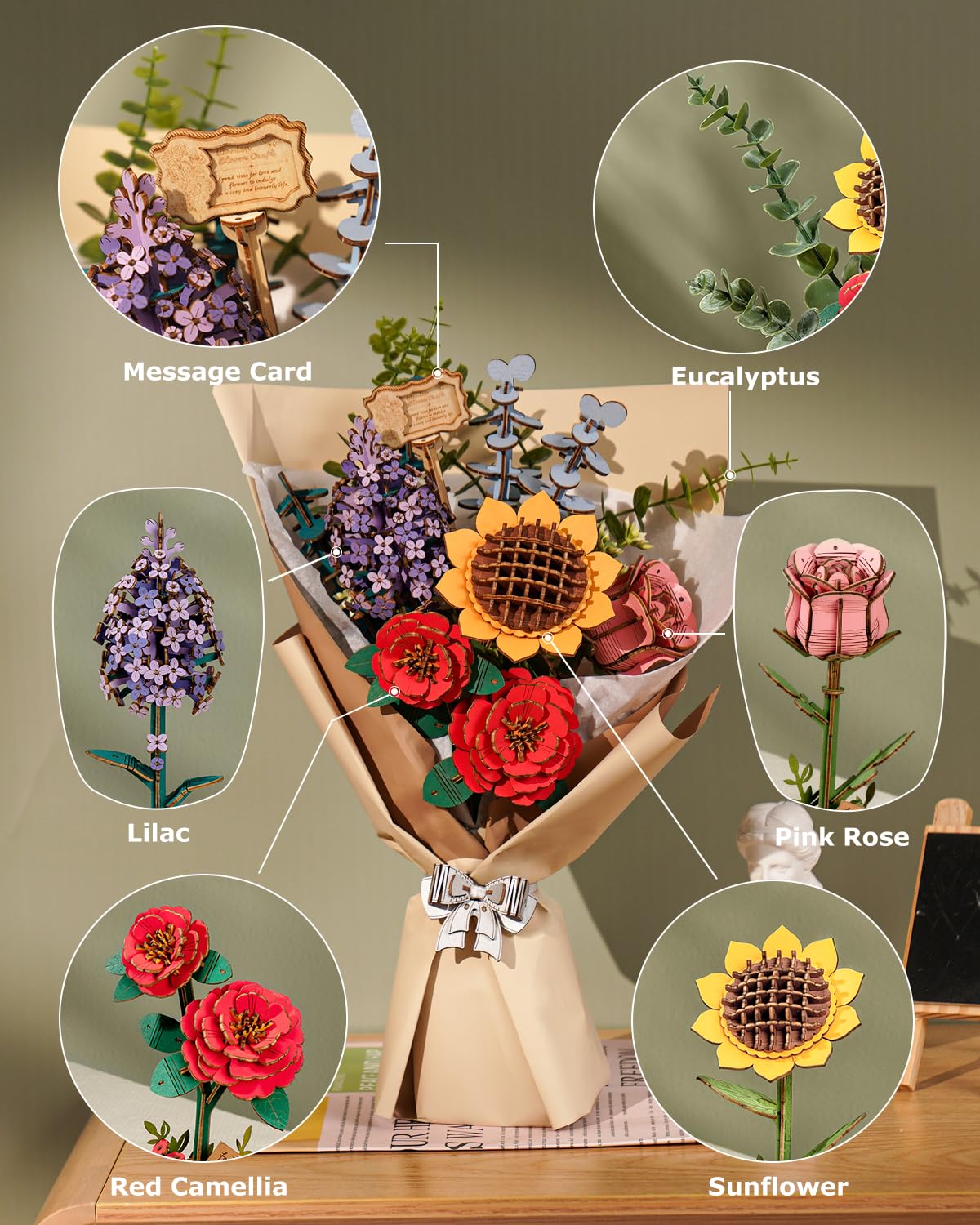 ROBOTIME Forever Flowers Bouquet – Wooden Flower Bouquet Building Kit TW01H (Sunflower, Camellia, Rose, Lilac)