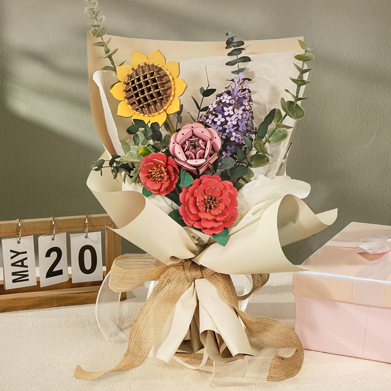 ROBOTIME Forever Flowers Bouquet – Wooden Flower Bouquet Building Kit TW01H (Sunflower, Camellia, Rose, Lilac)
