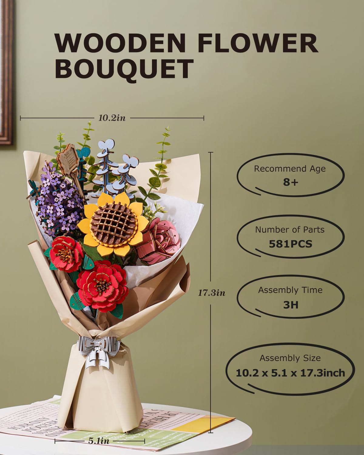 ROBOTIME Forever Flowers Bouquet – Wooden Flower Bouquet Building Kit TW01H (Sunflower, Camellia, Rose, Lilac)