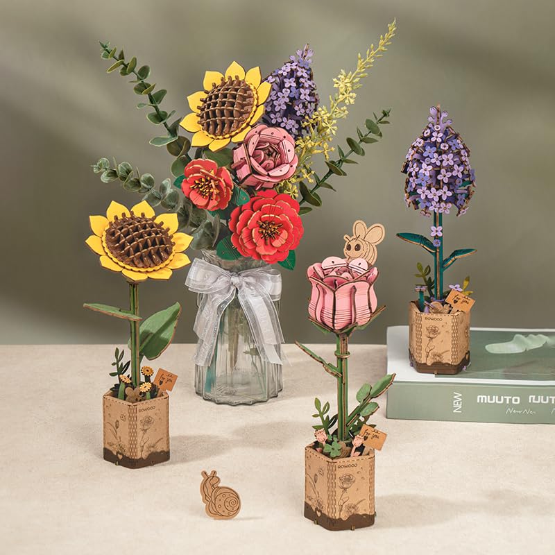 ROBOTIME Forever Flowers Bouquet – Wooden Flower Bouquet Building Kit TW01H (Sunflower, Camellia, Rose, Lilac)