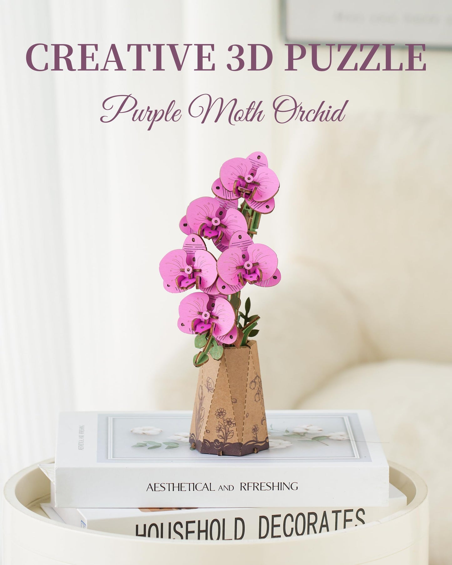 ROBOTIME 3D Puzzle Purple Moth Orchid TW091 – DIY Wooden Flower Model Kit
