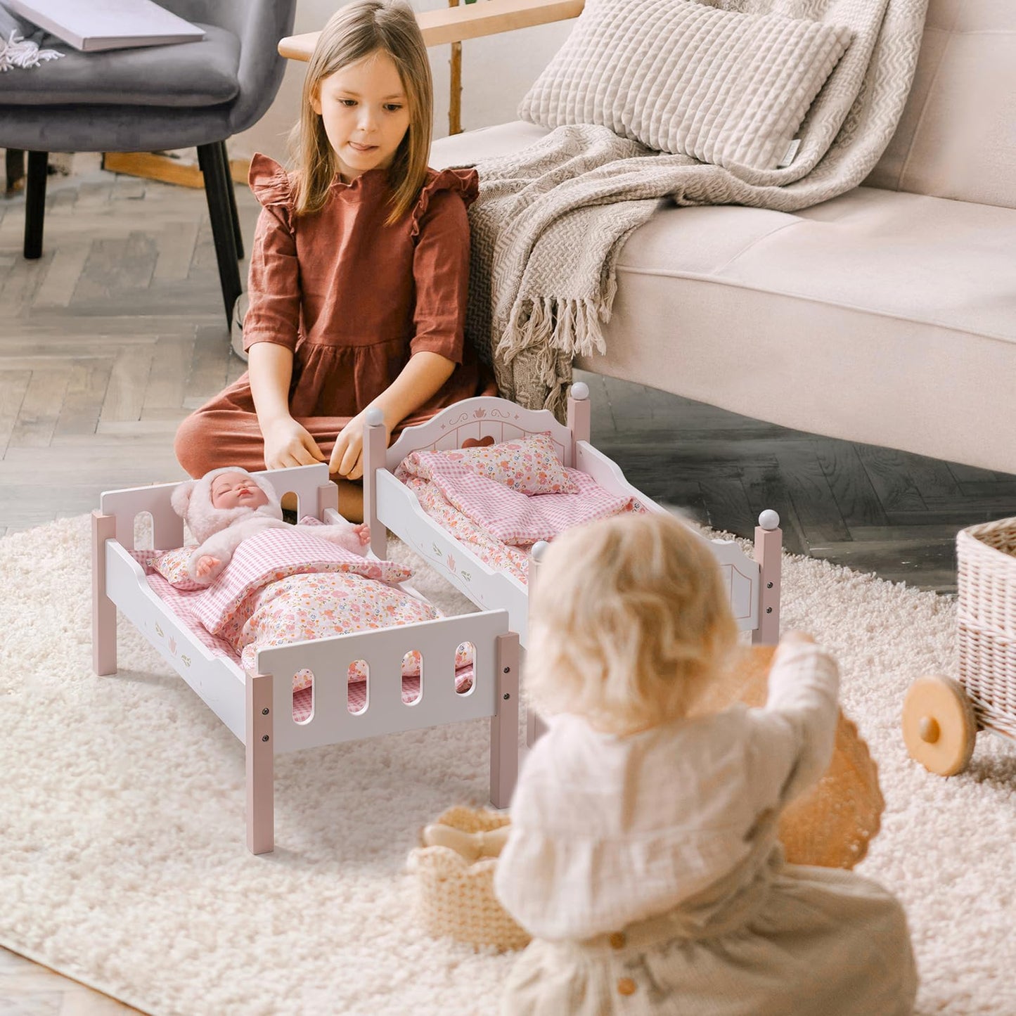 ROBOTIME Baby Doll Bunk Beds — 2-in-1 Pink Wooden Bed Set for 20-Inch Dolls (Ages 3+)