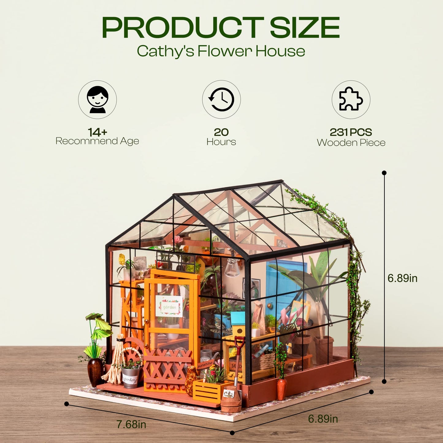 ROBOTIME DIY Miniature Greenhouse Kit with LED – 1:24 Dollhouse (Cathy's Greenhouse)