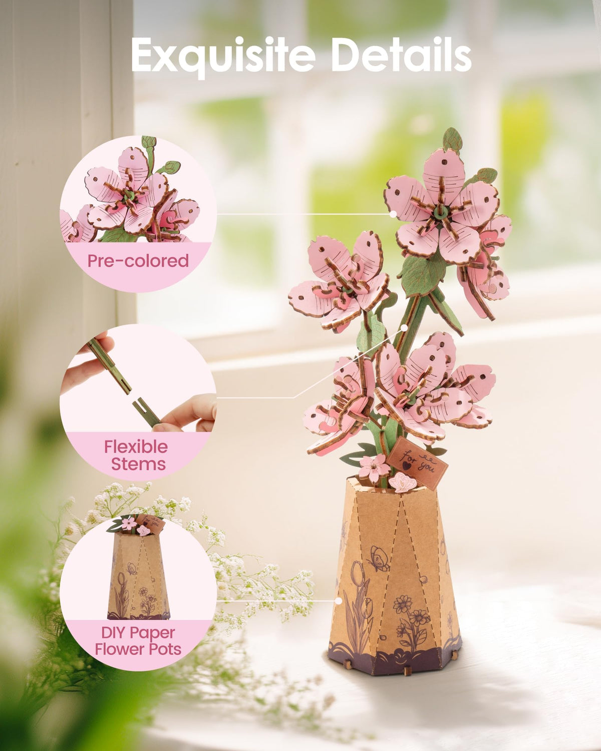 ROBOTIME 3D Puzzle Sakura TW101 – DIY Wooden Flower Kit for Adults | Home Decor & Gift