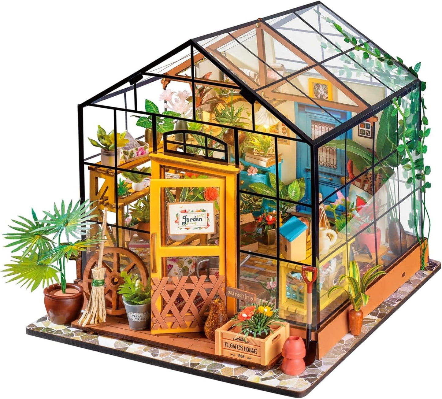 ROBOTIME DIY Miniature Greenhouse Kit with LED – 1:24 Dollhouse (Cathy's Greenhouse)
