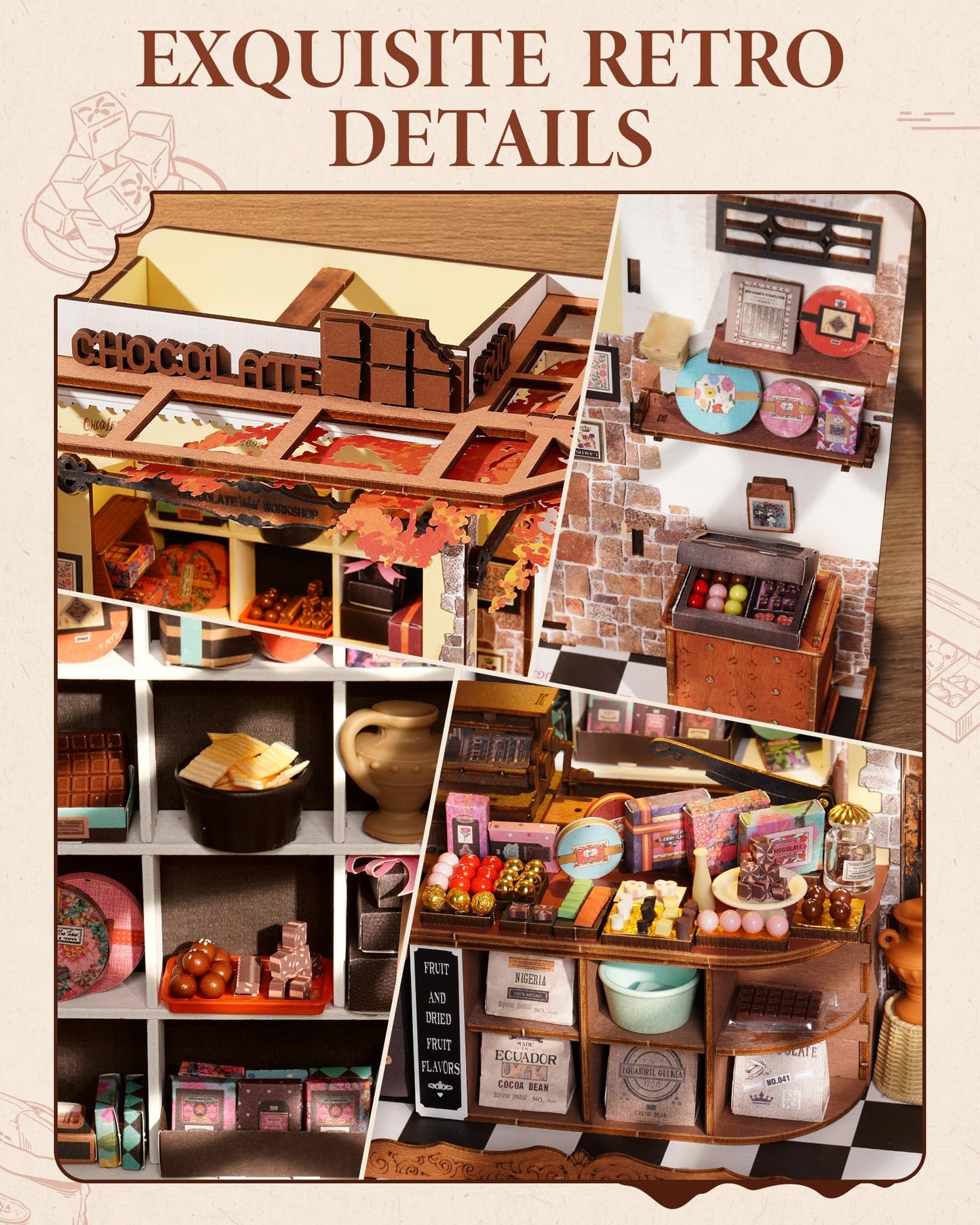 ROBOTIME DIY Miniature Henry’s Chocolate Vintage Shop Kit – No-Glue Build & Built-In LED