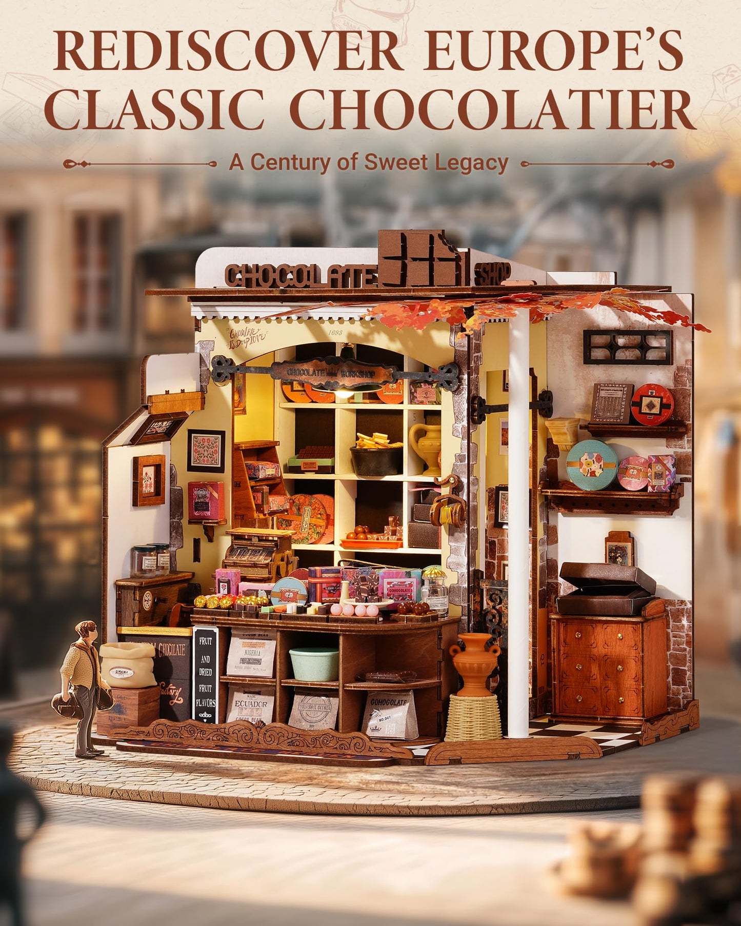 ROBOTIME DIY Miniature Henry’s Chocolate Vintage Shop Kit – No-Glue Build & Built-In LED