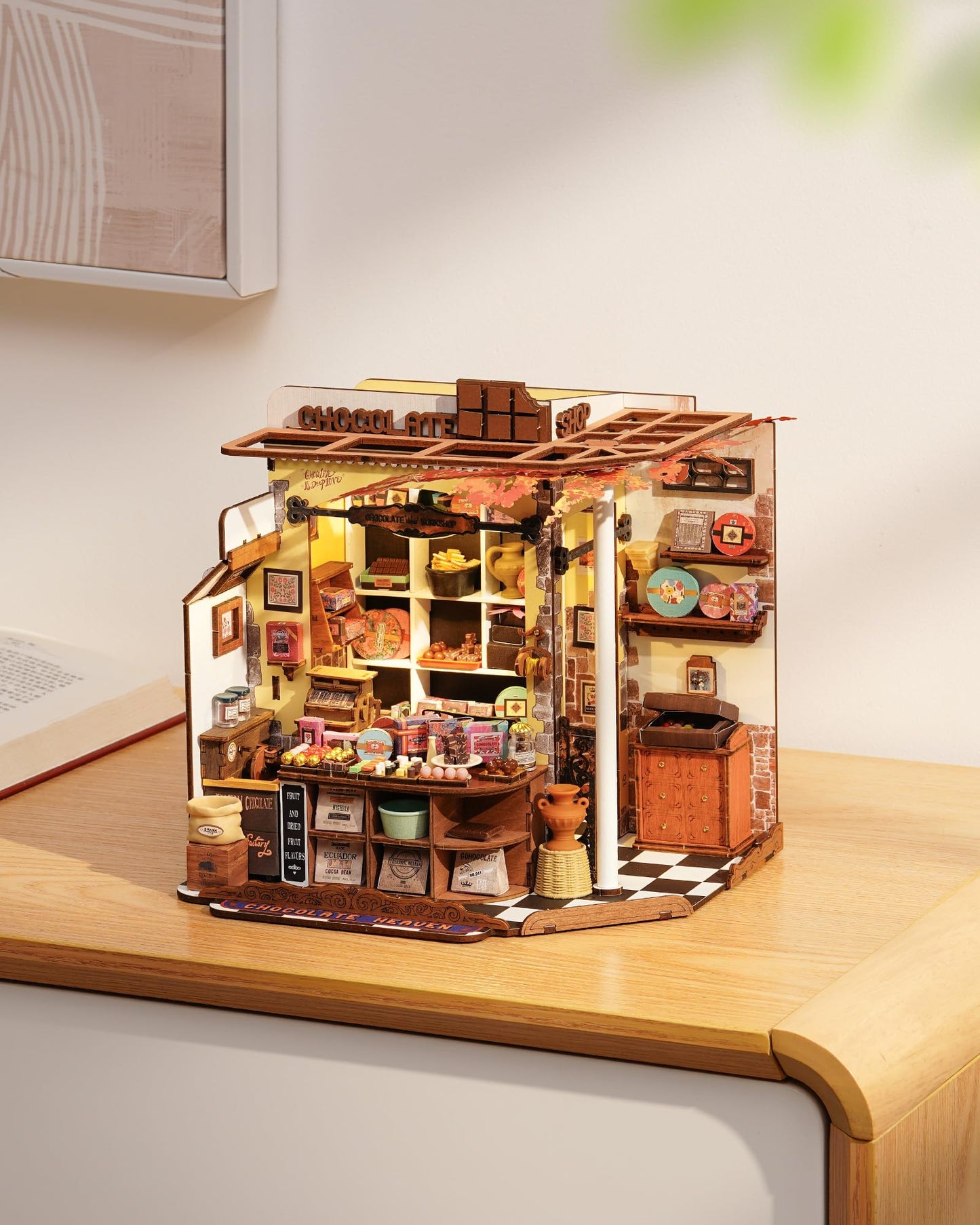 ROBOTIME DIY Miniature Henry’s Chocolate Vintage Shop Kit – No-Glue Build & Built-In LED