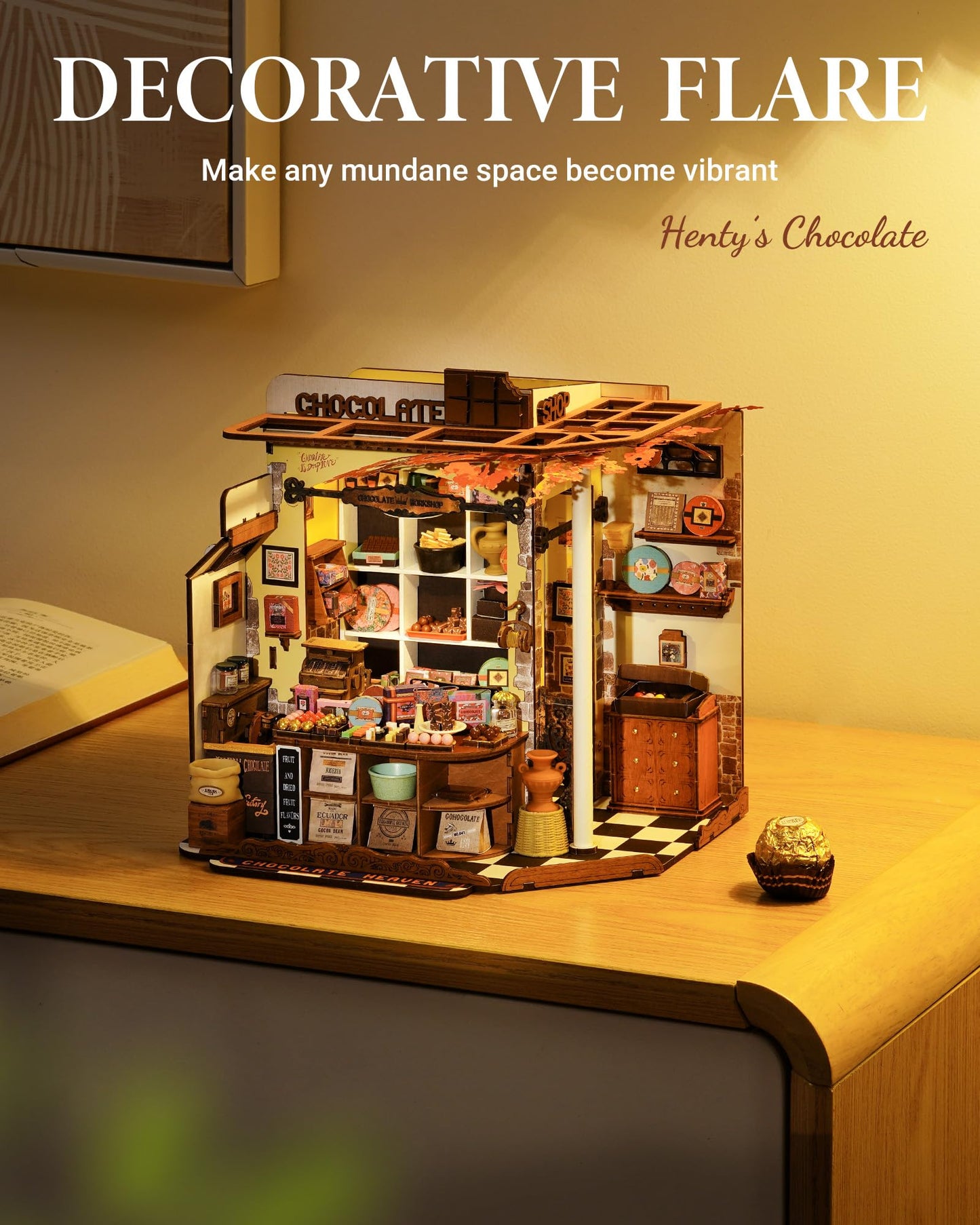 ROBOTIME DIY Miniature Henry’s Chocolate Vintage Shop Kit – No-Glue Build & Built-In LED