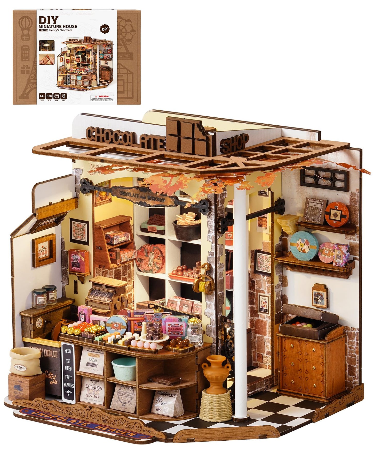 ROBOTIME DIY Miniature Henry’s Chocolate Vintage Shop Kit – No-Glue Build & Built-In LED