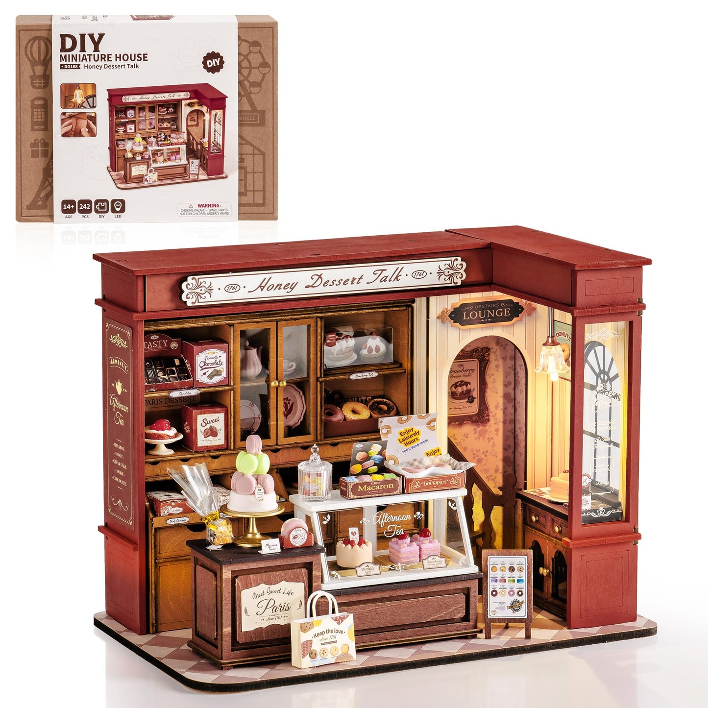 ROBOTIME Honey Dessert Talk DIY Miniature House Kit with LED Light – Wooden Dollhouse Kit for Adults
