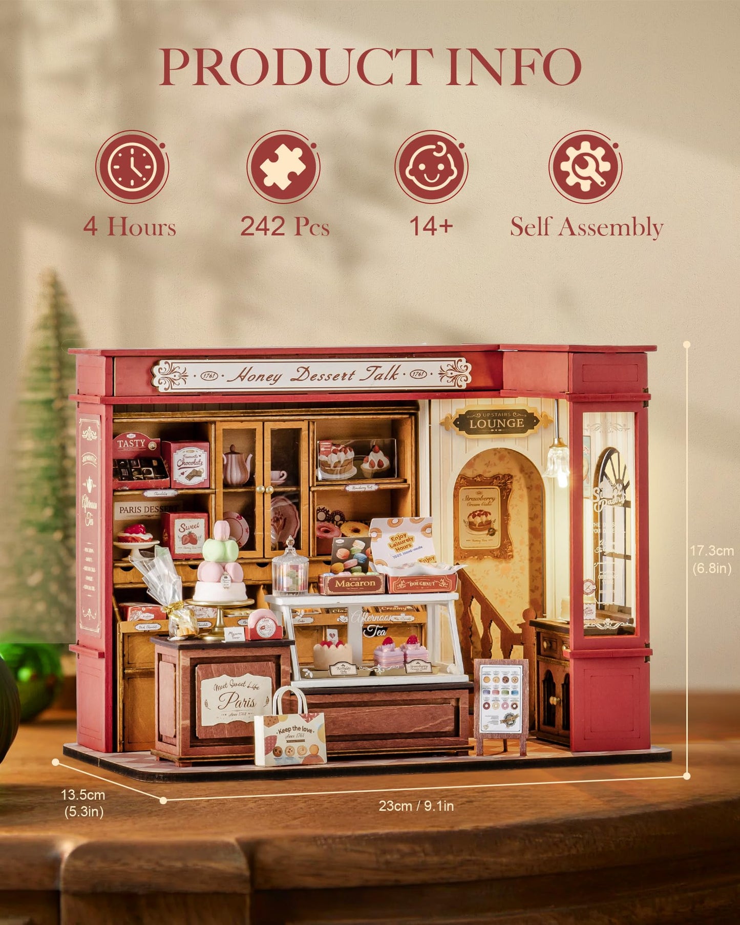 ROBOTIME Honey Dessert Talk DIY Miniature House Kit with LED Light – Wooden Dollhouse Kit for Adults