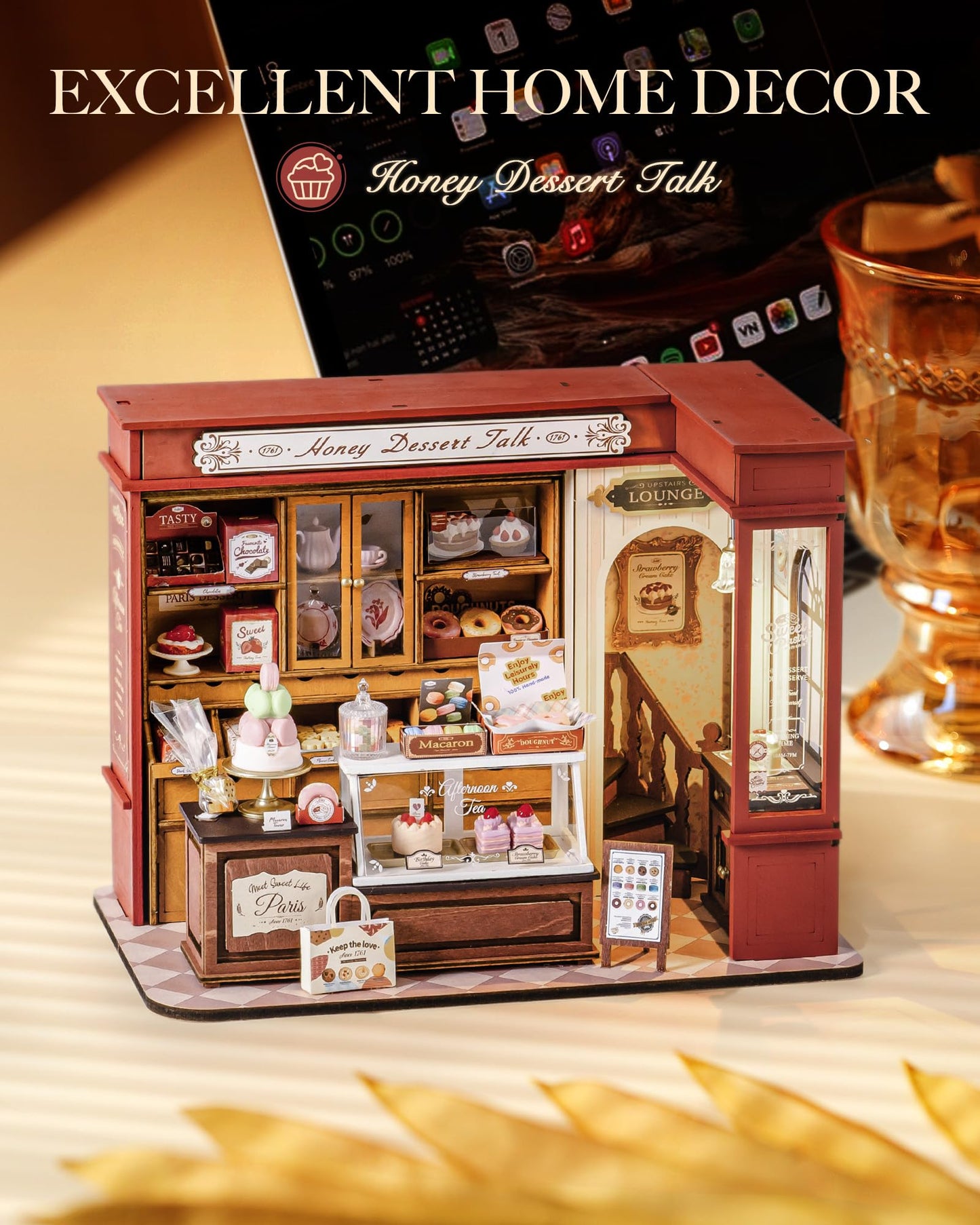 ROBOTIME Honey Dessert Talk DIY Miniature House Kit with LED Light – Wooden Dollhouse Kit for Adults