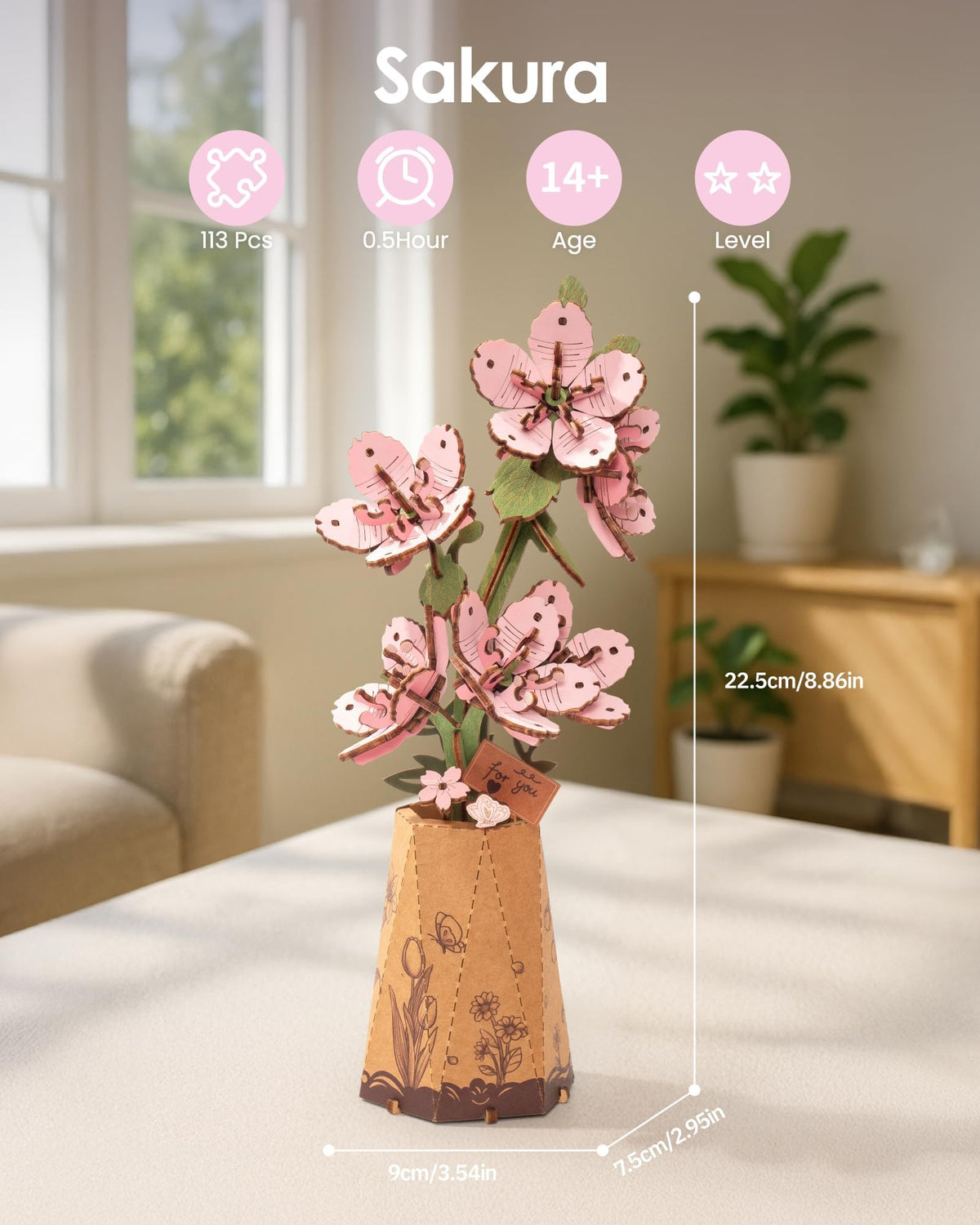 ROBOTIME 3D Puzzle Sakura TW101 – DIY Wooden Flower Kit for Adults | Home Decor & Gift