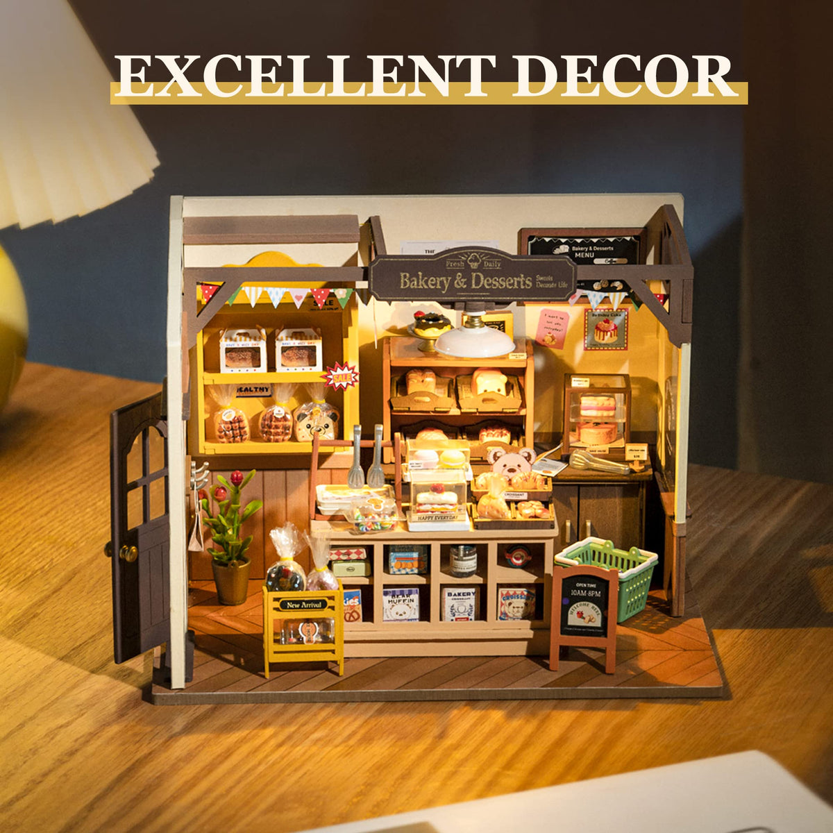 ROBOTIME Miniature Bakery Dollhouse Kit with LED Light – DIY Hobby Gift for Adults
