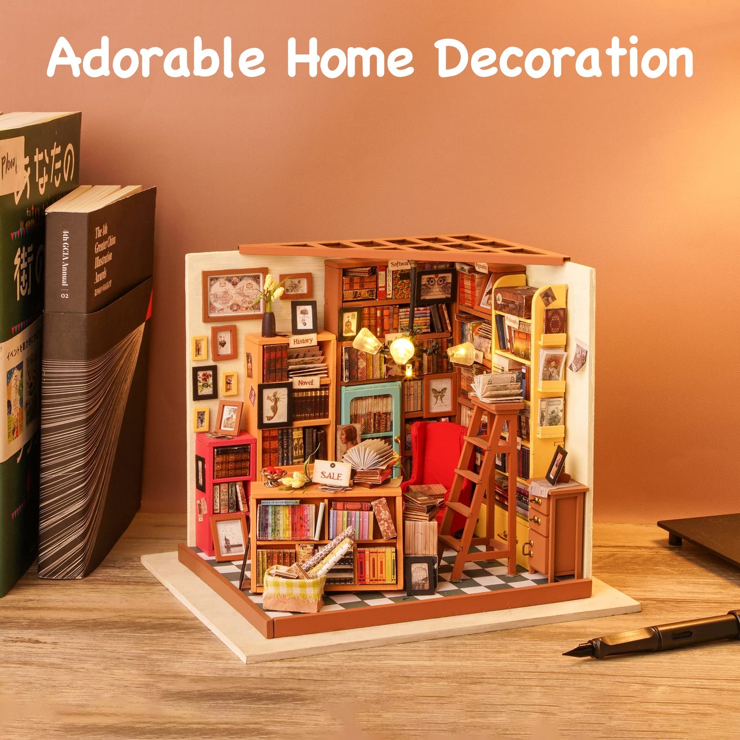 ROBOTIME DIY Miniature House Kit – Sams Study Library Dollhouse for Adults | Easy Assembly