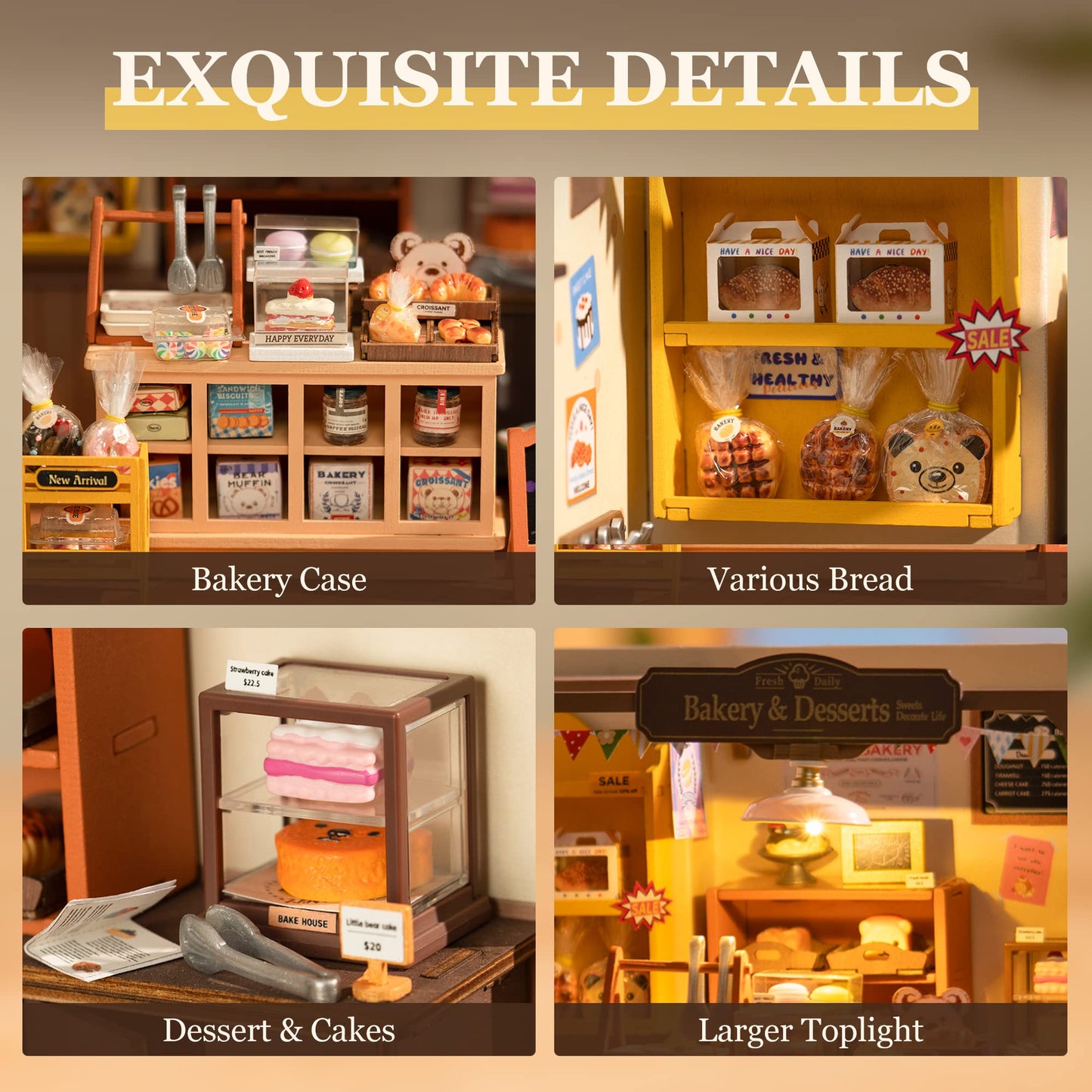 ROBOTIME Miniature Bakery Dollhouse Kit with LED Light – DIY Hobby Gift for Adults