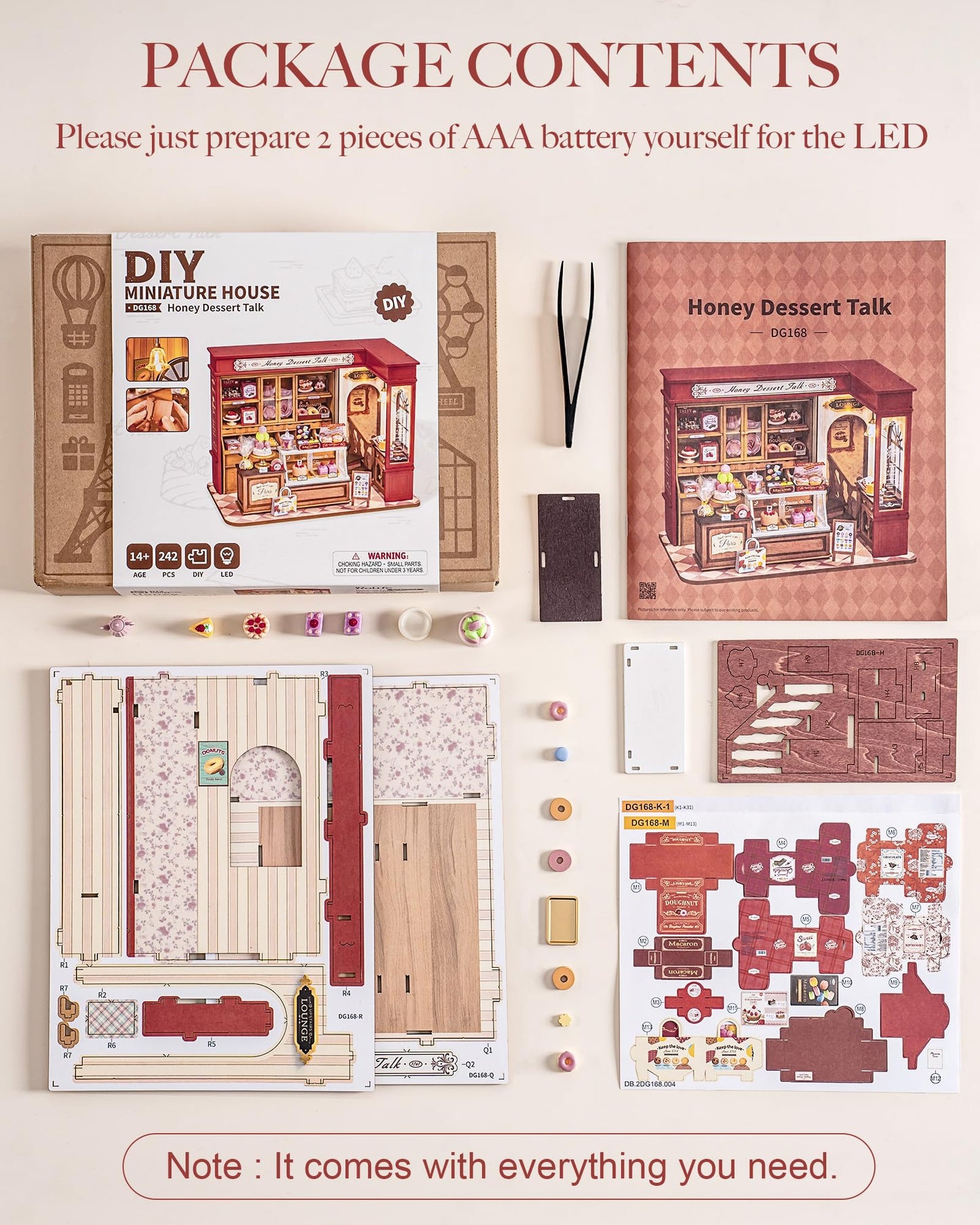 ROBOTIME Honey Dessert Talk DIY Miniature House Kit with LED Light – Wooden Dollhouse Kit for Adults