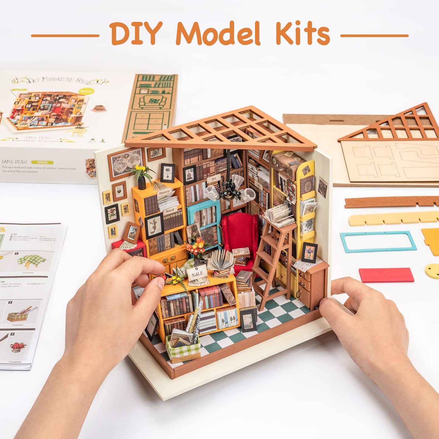 ROBOTIME DIY Miniature House Kit – Sams Study Library Dollhouse for Adults | Easy Assembly